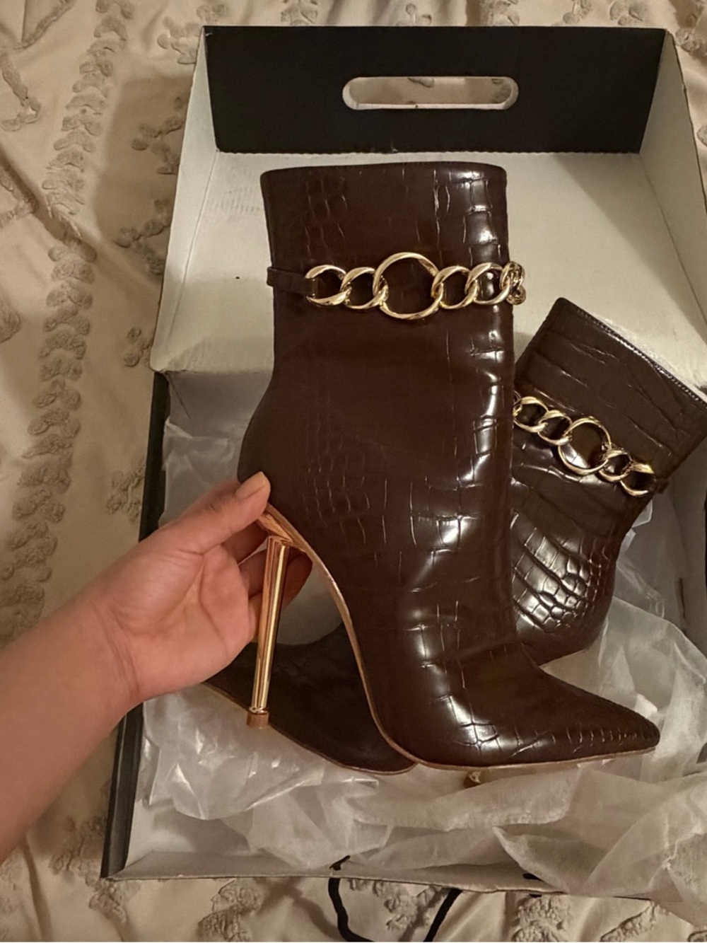 *Brand New  Women’s Brown Croc-Embossed Chain Ankle Boots